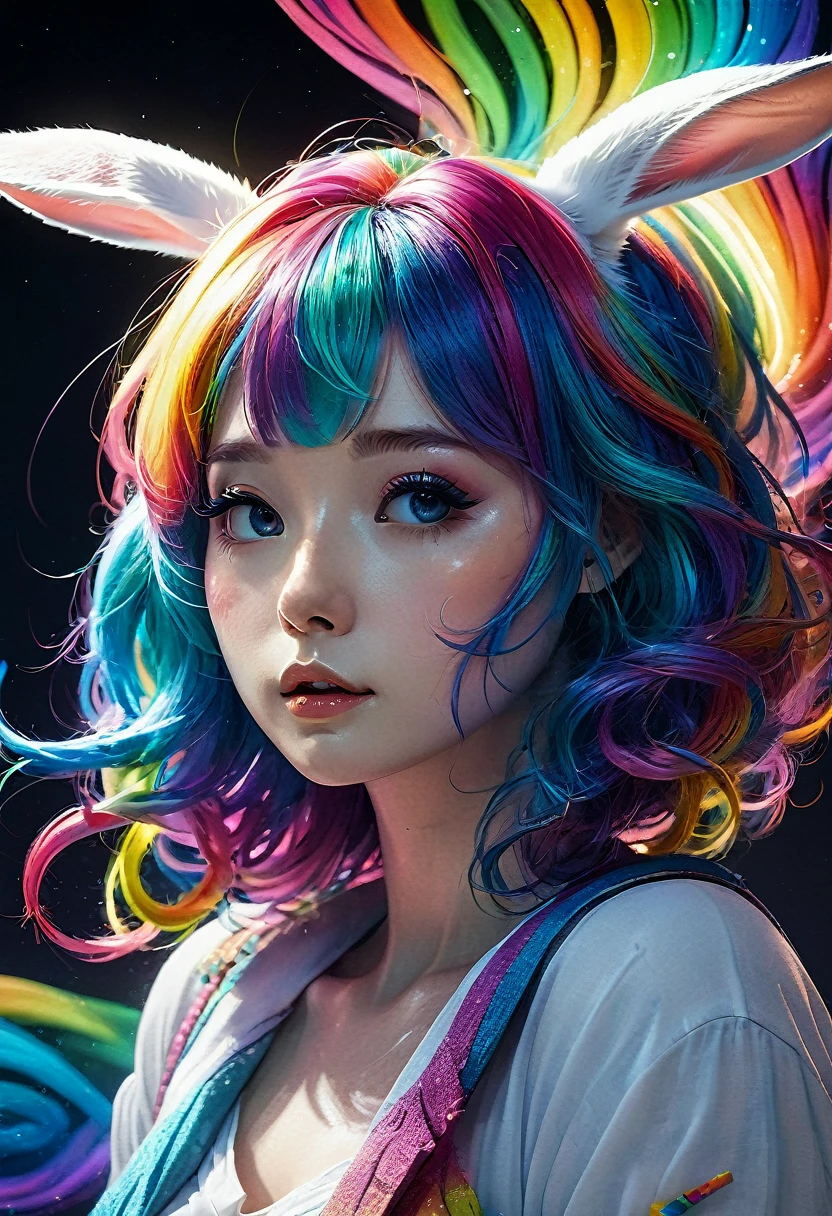 Cute sexy girl, Rainbow hair, Bunny Girl, Surrealism, Detailed lighting, Japanese Animation