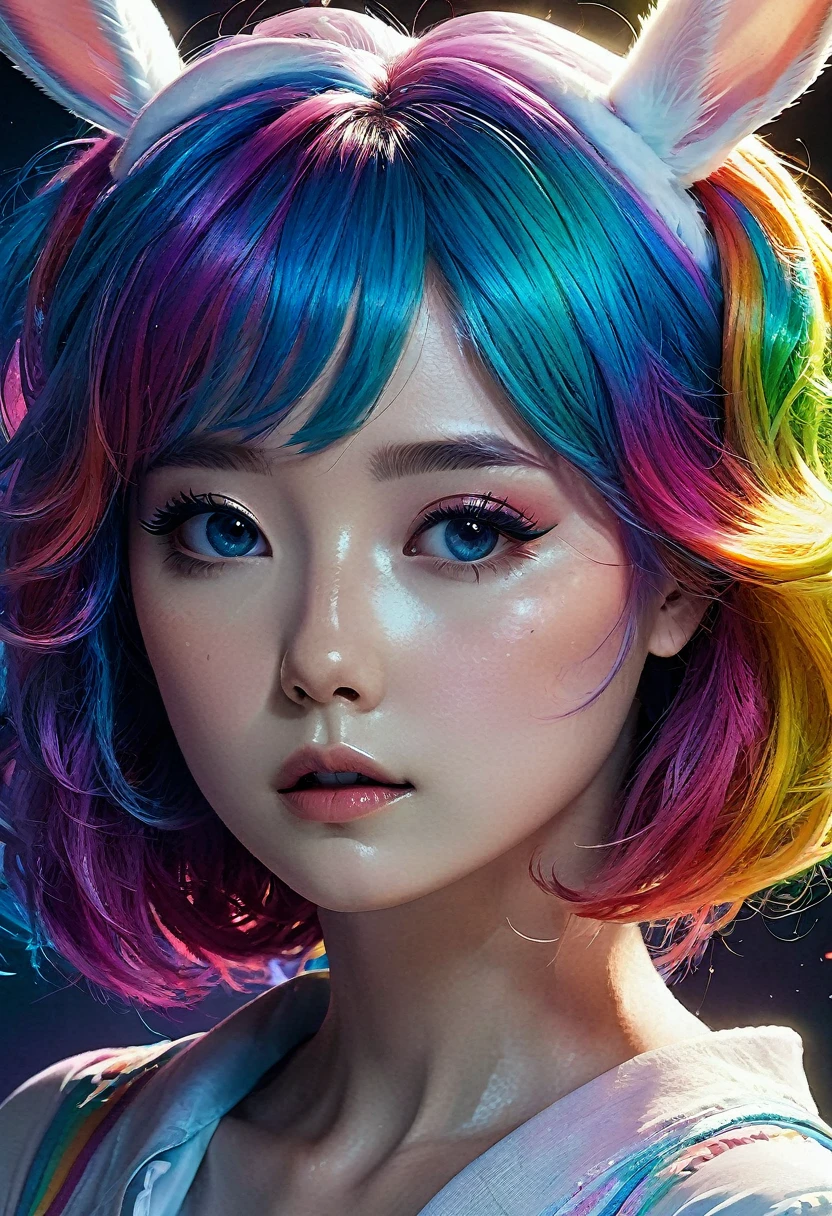 Cute sexy girl, Rainbow hair, Bunny Girl, Surrealism, Detailed lighting, Japanese Animation