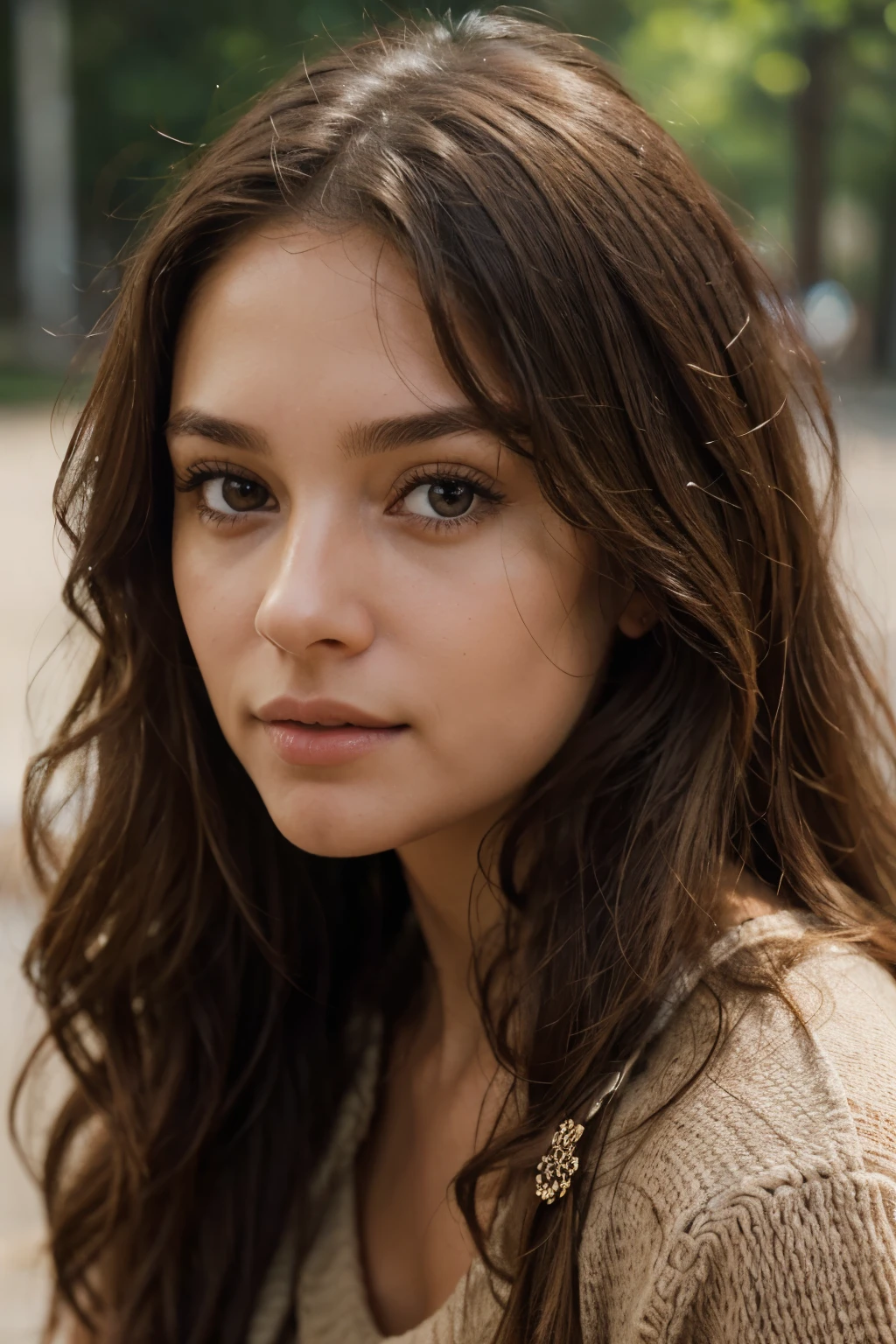 "A 2 French woman with a naturally detailed face, featuring long brown curly hair and beautifully expressive brown eyes. Her closed mouth and slight facial imperfections add authenticity to her appearance. The focus is on her natural beauty, with intricate yet subtle details that highlight her real and human features. Her skin is naturally textured, enhancing her lifelike presence. The image is captured with a realistic approach, emphasizing photo focus, depth of field (DOF), and aperture for a natural and authentic portrait. The rendering is high quality, with an emphasis on creating a vibrant, hyper-realistic image that reflects genuine human characteristics."