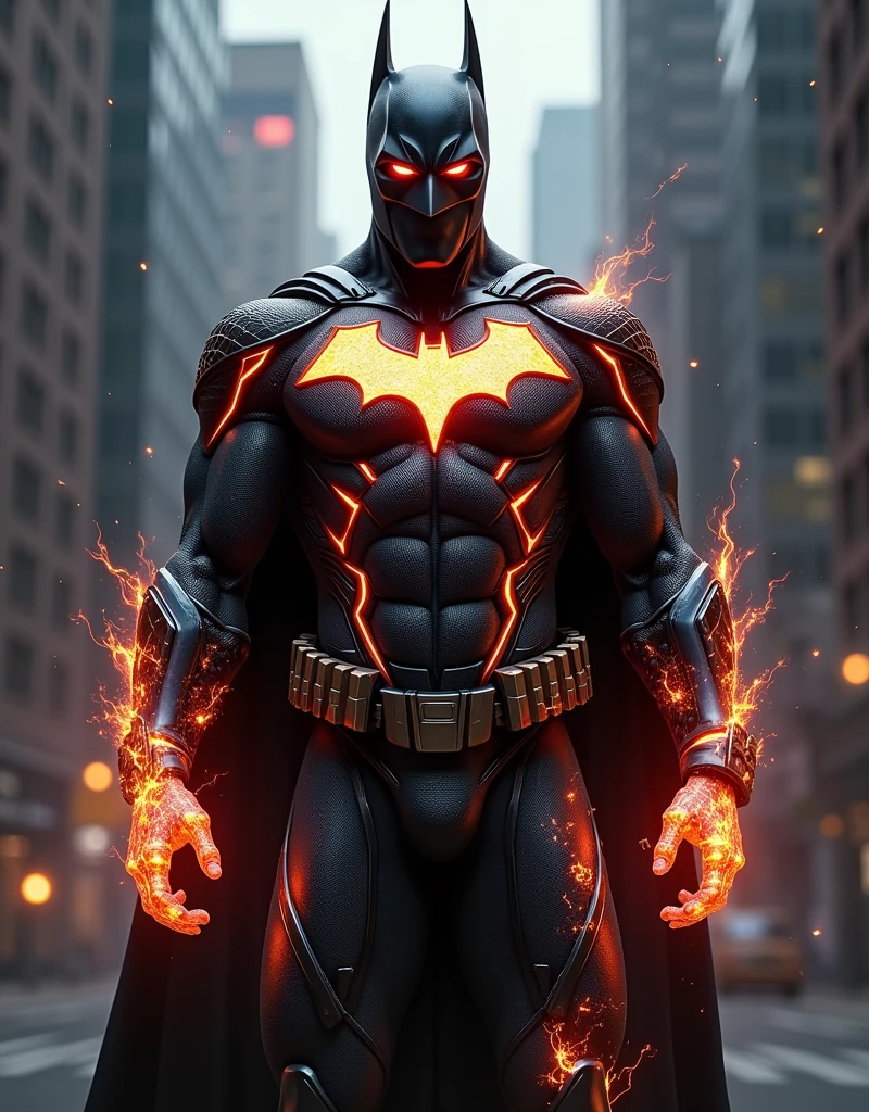 batman with flame armor fuse with spiderman green suit

