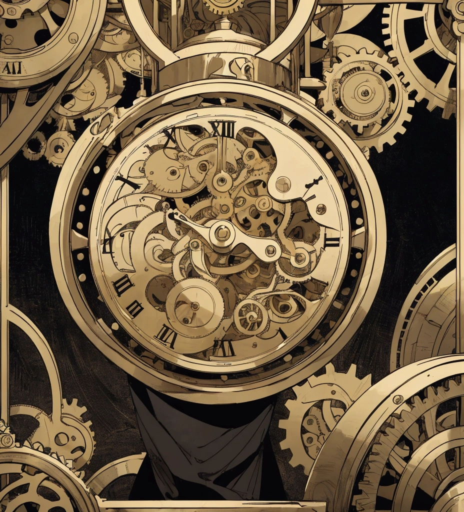 In the image, the silhouette of a person is seen in the foreground, standing out against a complex and detailed background. Behind the silhouette, The background is filled with clock gears of different sizes, all interconnected and moving, suggesting the passage of time and mechanical precision.

besides, There are multiple clocks distributed throughout the fund, each showing a different time. These watches vary in design, from antique pocket watches to wall clocks with elaborate gold details. The combination of gears and clocks creates an atmosphere of intricate machinery and a sense of temporality..

The predominant color scheme is gold, which gives the image a vintage and elegant touch. An ornate frame surrounds the image, adding an additional element of sophistication and artistic detail.