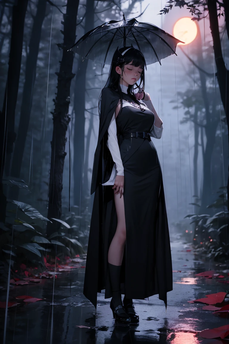 uhd, 4k, textured skin, High details, ​High Details face, masterpiece, best quality, (Amazingly absurd:1.2), (​masterpiece:1.2), 1 vampiregirl, crying, vampire cape, Long dress, standing, dynamische pose:1.5, half-closed eyes, glowing red eyes, very long black hair, shiny hair , fullbody, two colored hair, hair ribbon, black knee socks, Kawaiitech, soft colours, Kawaii, Beautiful colors, (Rain:1.5), (Night:2), (forest:1.5),