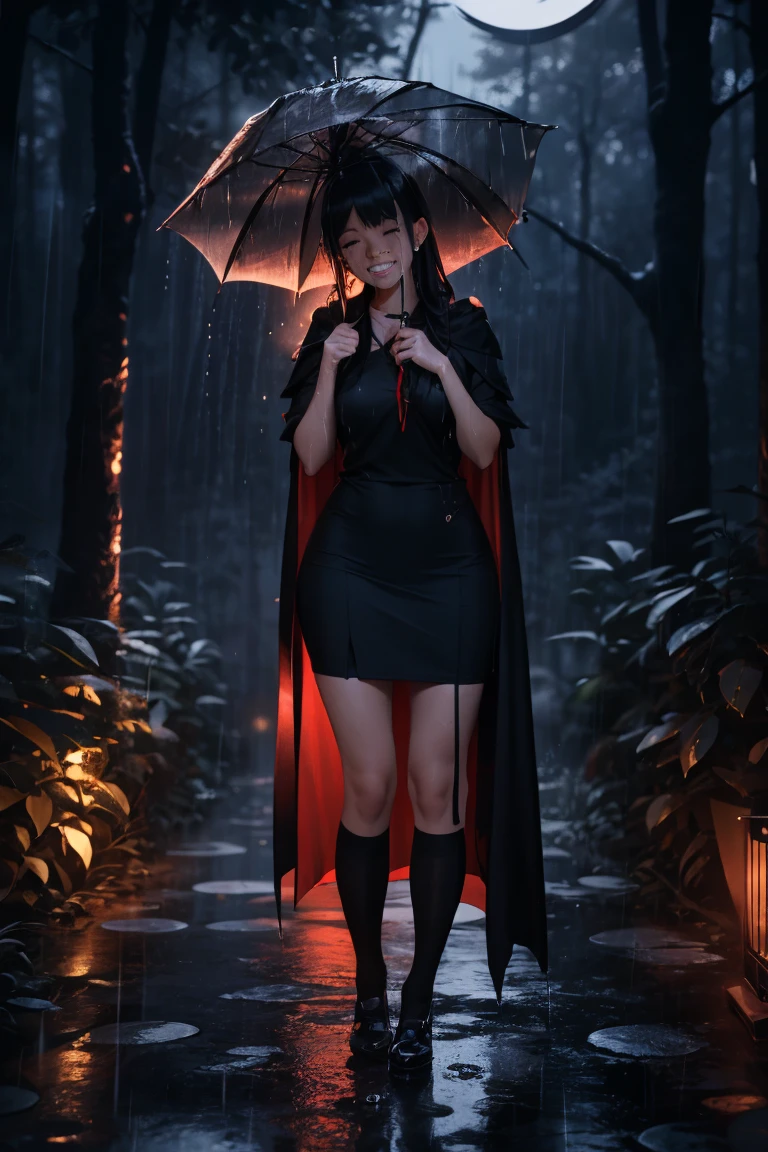 uhd, 4k, textured skin, High details, ​High Details face, masterpiece, best quality, (Amazingly absurd:1.2), (​masterpiece:1.2), 1 vampiregirl, crying, vampire cape, Long dress, standing, dynamische pose:1.5, half-closed eyes, glowing red eyes, very long black hair, shiny hair , fullbody, two colored hair, hair ribbon, black knee socks, Kawaiitech, soft colours, Kawaii, Beautiful colors, (Rain:1.5), (Night:2), (forest:1.5),