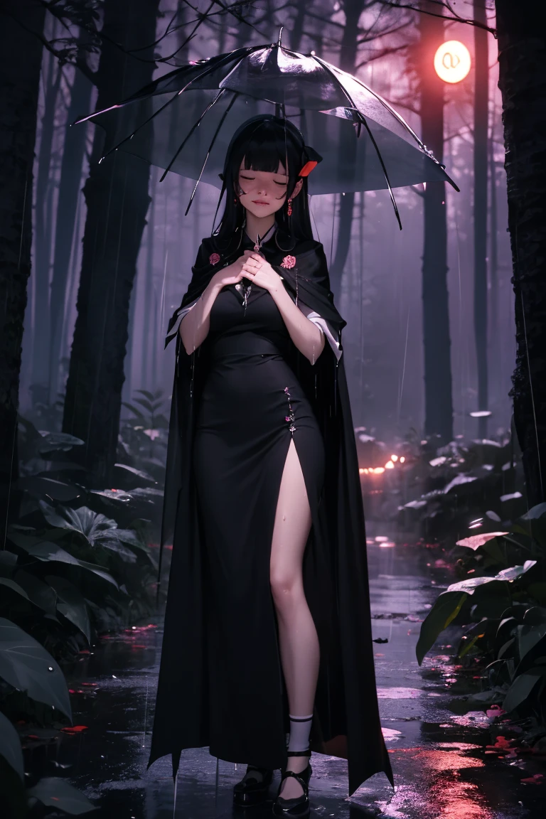 uhd, 4k, textured skin, High details, ​High Details face, masterpiece, best quality, (Amazingly absurd:1.2), (​masterpiece:1.2), 1 vampiregirl, crying, vampire cape, Long dress, standing, dynamische pose:1.5, half-closed eyes, glowing red eyes, very long black hair, shiny hair , fullbody, two colored hair, hair ribbon, black knee socks, Kawaiitech, soft colours, Kawaii, Beautiful colors, (Rain:1.5), (Night:2), (forest:1.5),