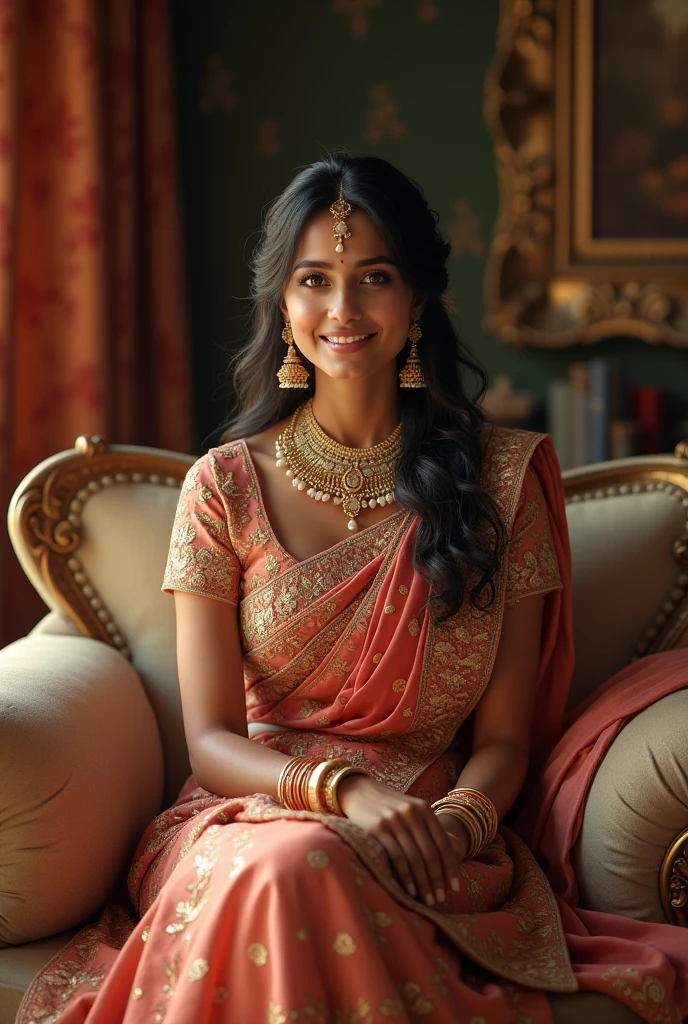 (photorealism:1.2),  take heart with name ऑफ' "
संजू की दुल्हनिया " bridal girl sit on sofa.
