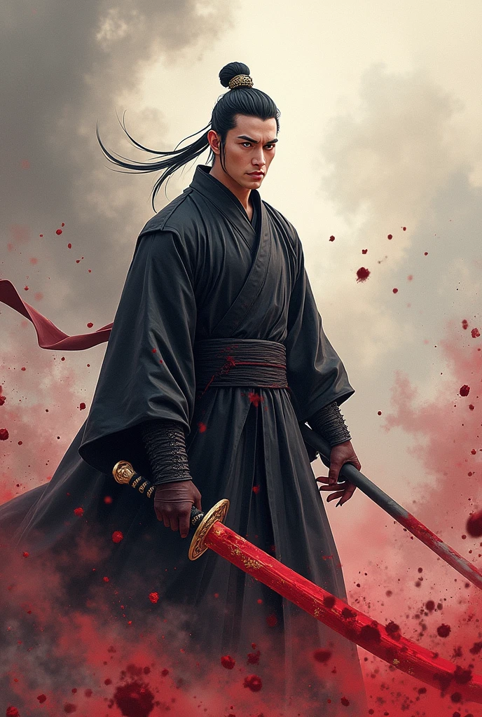 A man wearing chinese black historical costume, holding a bloody sword, covered with blood, ashes in the air, sharp eyes, cartoonic water color illustration, chinese idol pretty face