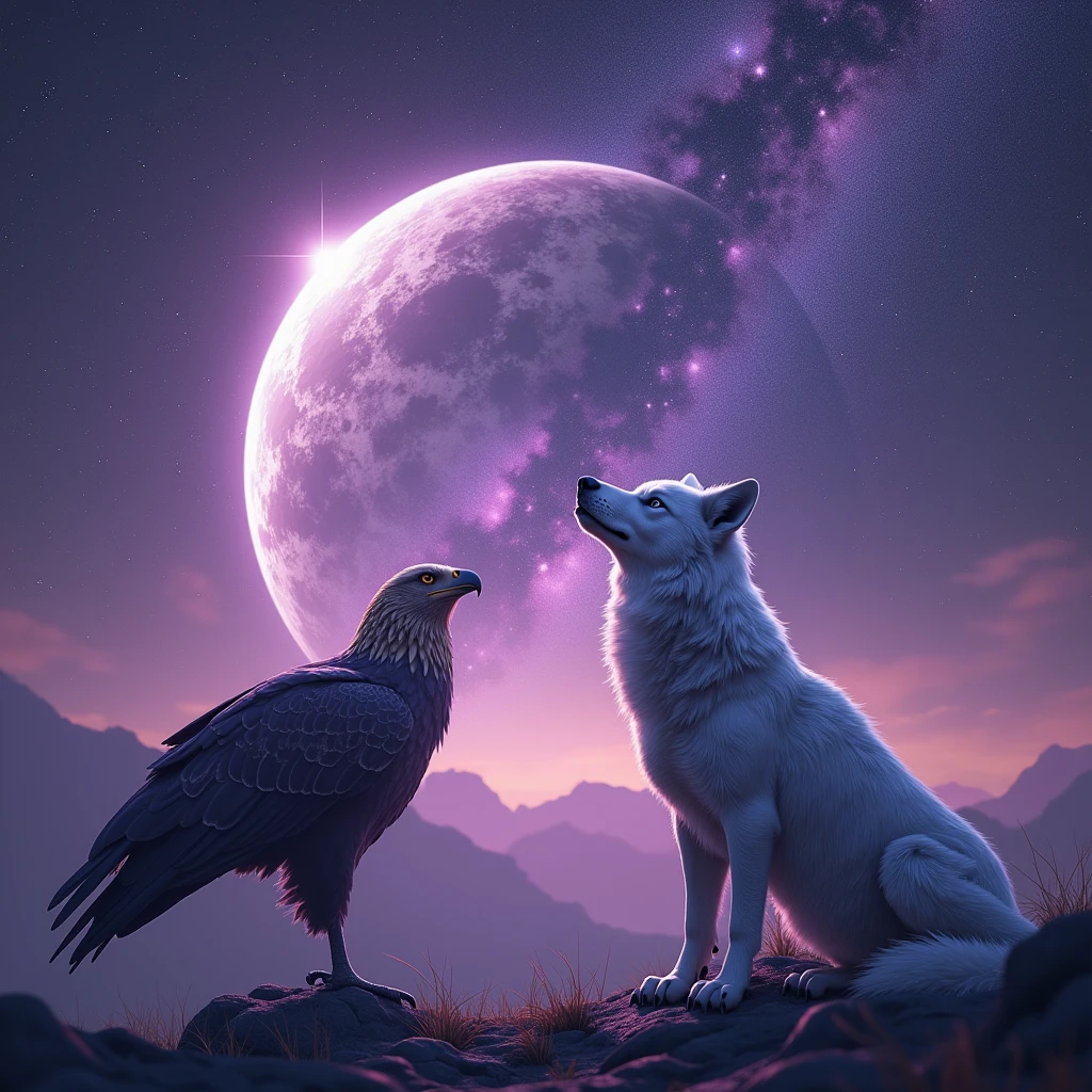 Wolf and Eagle under the milky way and have a Giant Planet Mercury at sky purple theme
