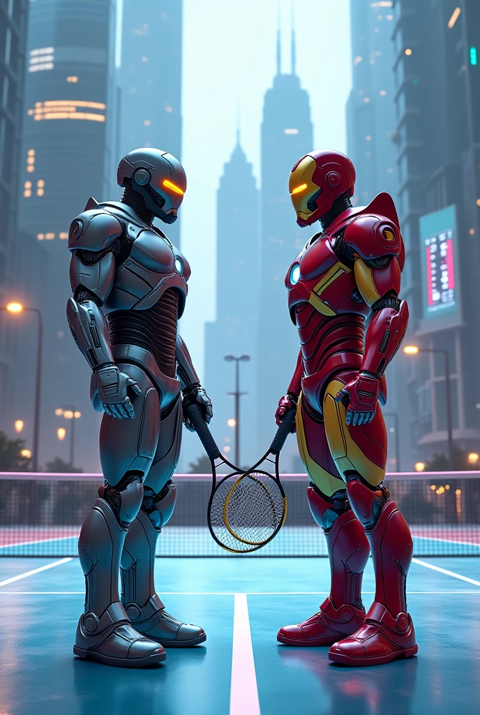 Robocop and Ironman play tennis