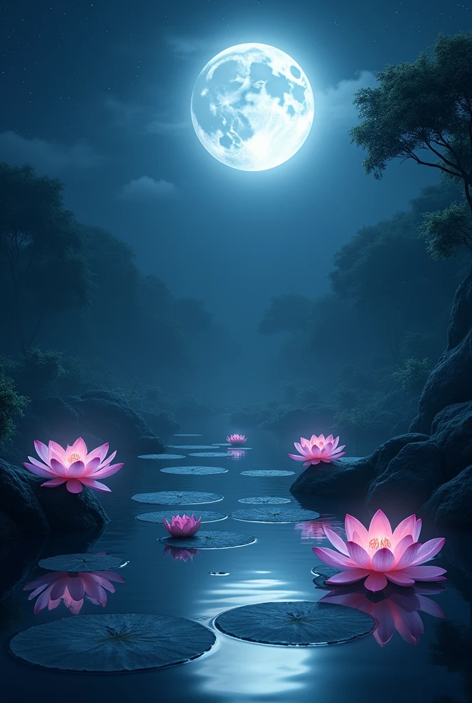 Night pond lotus flowers in the pond full moon beautiful details lights long shot mysterious