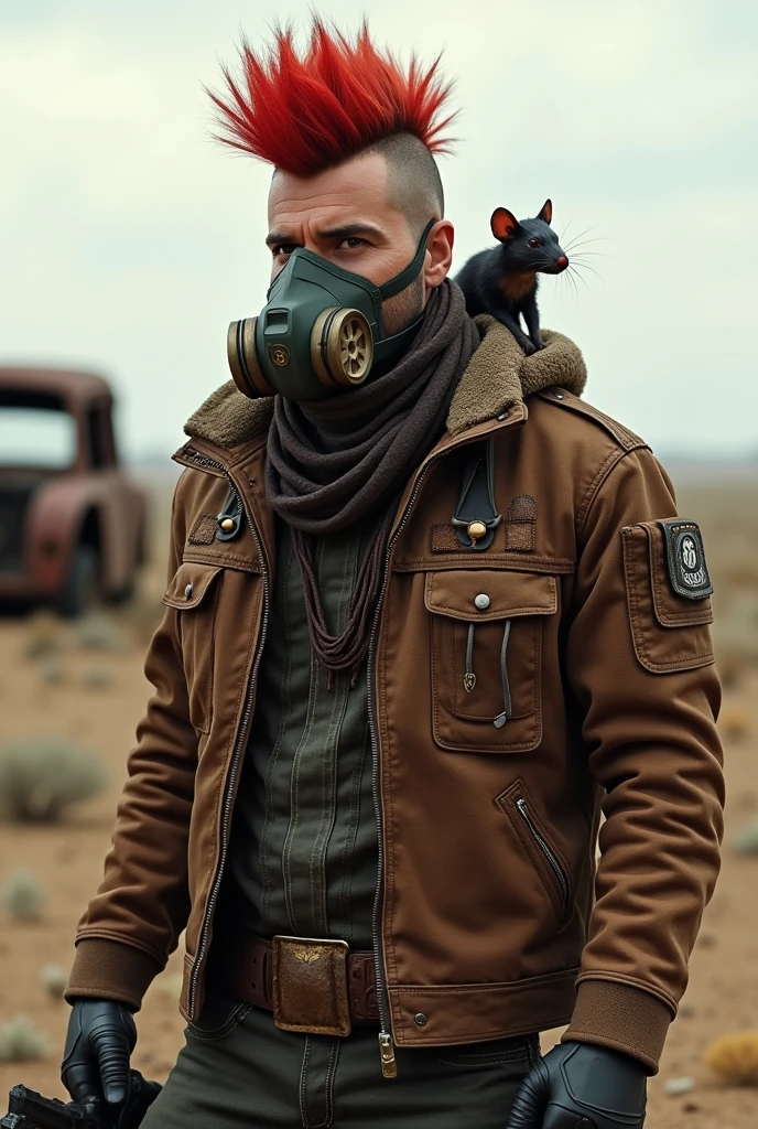 A VTuber character wearing a tattered leather jacket.、A small mutant rat sits on his shoulder.。His hair was a spiked red mohawk.、A scene where he is wearing a gas mask on his face。In the background are the remains of a rusty car.、The desolate horizon stretches out。The character is holding a weapon、Survival-inspired design。