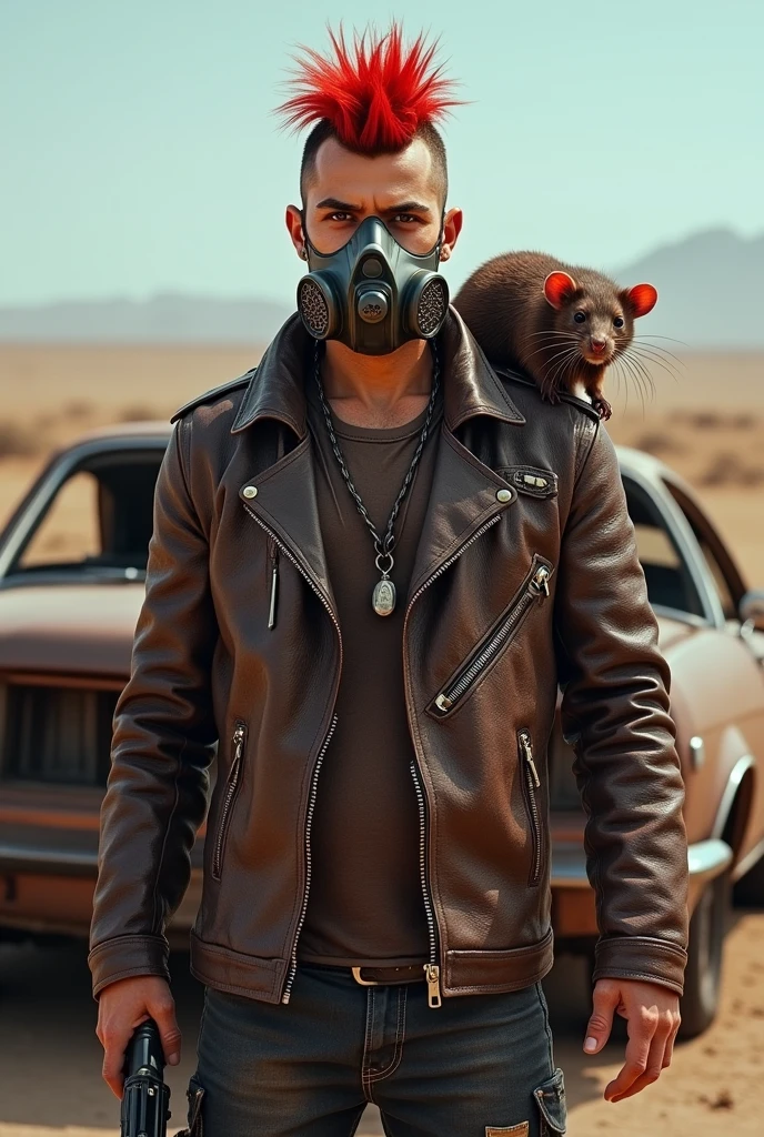 A VTuber character wearing a tattered leather jacket.、A small mutant rat sits on his shoulder.。His hair was a spiked red mohawk.、A scene where he is wearing a gas mask on his face。In the background are the remains of a rusty car.、The desolate horizon stretches out。The character is holding a weapon、Survival-inspired design。