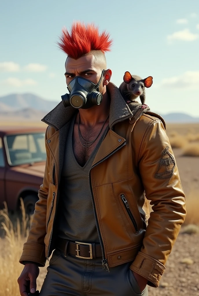 A VTuber character wearing a tattered leather jacket.、A small mutant rat sits on his shoulder.。His hair was a spiked red mohawk.、A scene where he is wearing a gas mask on his face。In the background are the remains of a rusty car.、The desolate horizon stretches out。The character is holding a weapon、Survival-inspired design。