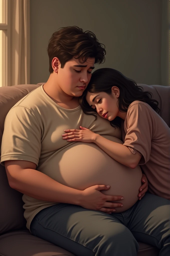 Young man with a fat belly sitting on a couch with a girl. She is hugging his big belly and trying to comfort him.