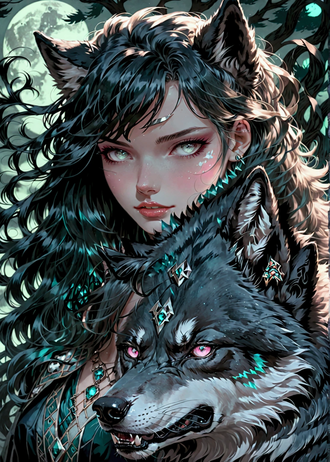 A girl with white wolf , pink eyes , fierce , big wolf, low light