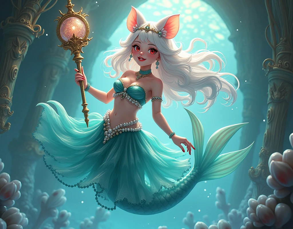 (best quality,4k,8k,highres,masterpiece:1.2),ultra-detailed, drawn in 2D anime style, Pretty albino girl magically transformed into a beautiful mermaid princess, the princess of the sea, race swap, fantastic transformation, sharp teeth, beautifully detailed lips with lipstick, she’s smiling, steampunk, fishlike, wet body, very long curly white hair adorned with hair accessories, red eyes with long eyelashes, white fur, slim body, red manicured nails, whiskers, mouse ears with pearls earrings hanging from them, long mermaid tail below waistline with shimmering cyan fish scales, pelvic and dorsal fins, a pair of fish gills on her torso, highly detailed seashell bra with intricate patterns, pearl and gold bracelets, pearl necklace, tiara made of seashells, cute turquoise princess dress, iridescent colours, physically-based rendering,gorgeous frilly dress design,flowing gown,elaborate lace details,rich textures,contrast stitching,delicate ribbon bows,fish scale accents, translucent skirt,fitted waistline,lace-up back,luxurious fabrics,flawless silhouette, joyful expression, sparkling water, water reflections, ethereal atmosphere, subtle glow, whimsical and enchanting, gracefully swimming in a hallway, she is holding a magic staff made of seashells and pearls, underwater castle interior, intricately decorated room, magical underwater lighting, vivid colors, breathing underwater, endless ocean depths, light filtering through the water.