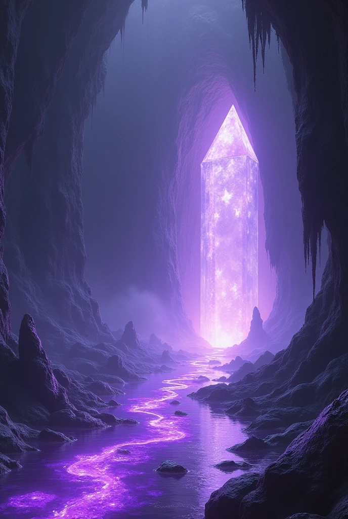 Inside a very large cave, in the center a path made of purple crystal, at the end of the path a purple crystal portal. Crystal clear water on the ground.
Foggy cave full of reptilians