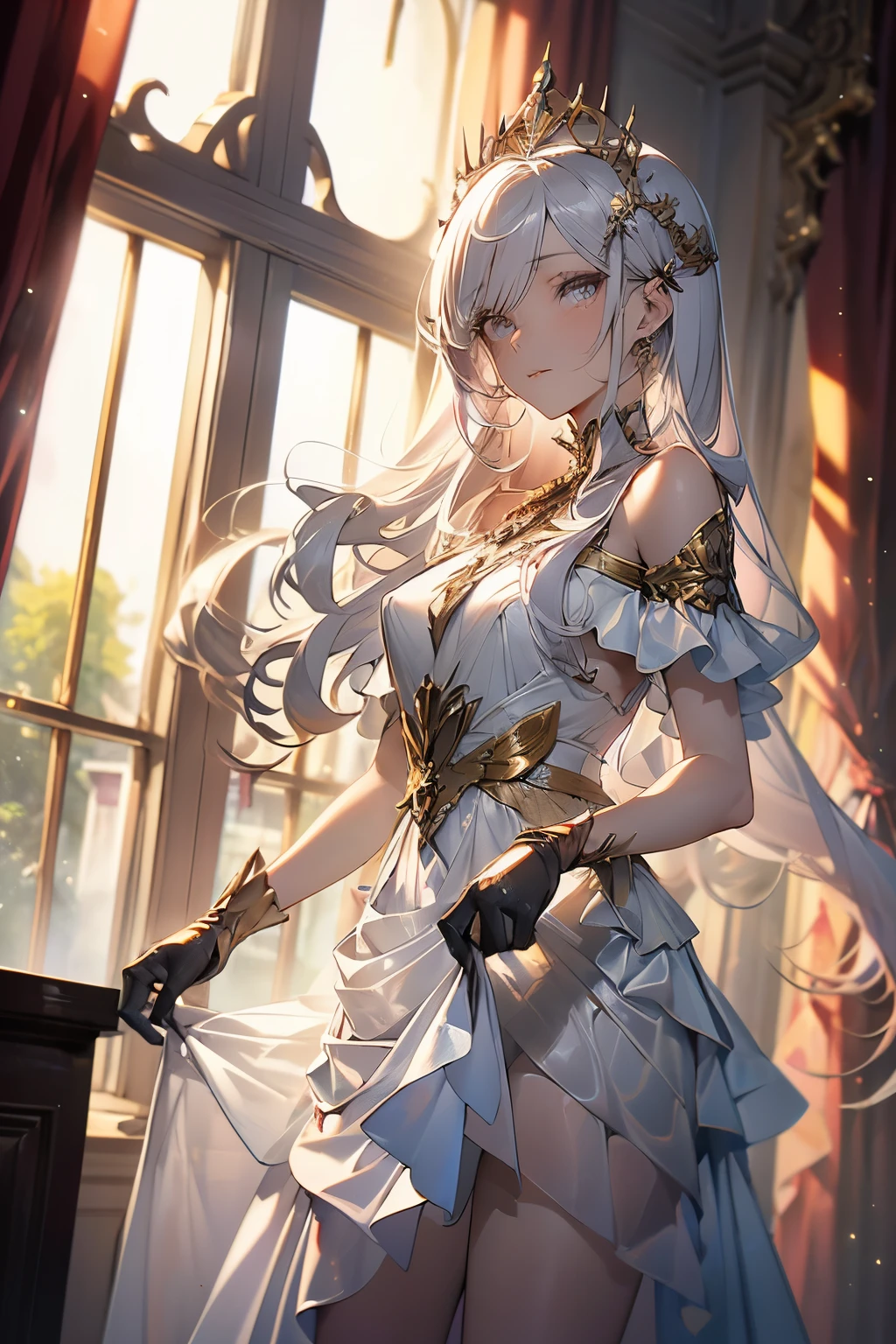 Artistic AI Art Galaxy(masterpiece:1.2, Highest quality), (Beautiful, detailed eyes: 1.2), High resolution, (Beautifully detailed face), (One girl:1.2), Blake: A figure in a red and white dress with gold trim.、Standing in front of a window with red curtains and gold ornaments。. The dress is gorgeous and sophisticated., Multi-layer structure. This character has long, flowing hair with flowers, Wearing gloves. She has a noble and delicate character.. The light coming in through the window creates a fantastic atmosphere., The curtains and windows are carefully painted.. It&#39;s a warm image.
