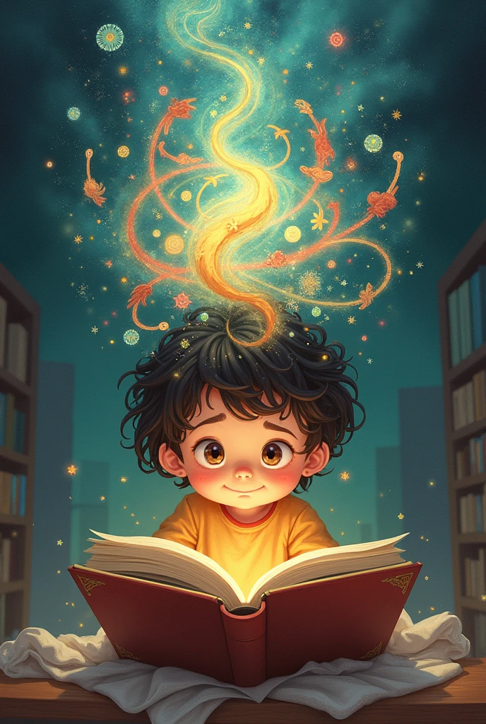 A  reading a book,/ has a lot of imagination,/ he's imagination can be seen on the top of his head,/ he's having fun reading,/ illustrated 