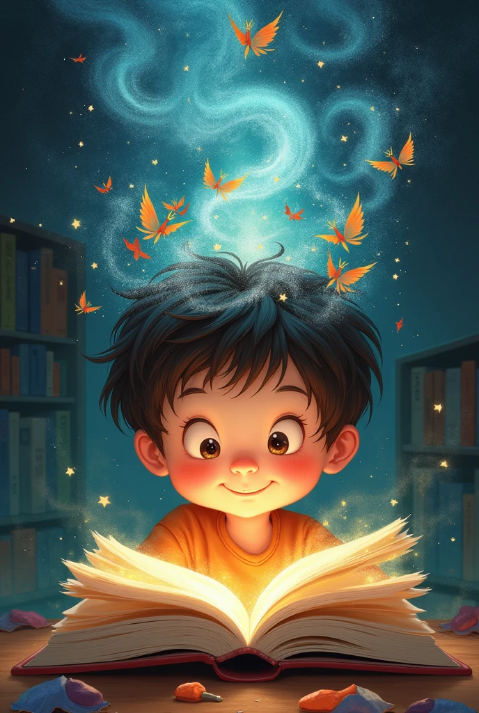 A kid reading a book,/ has a lot of imagination,/ he's imagination can be seen on the top of his head,/ he's having fun reading,/ illustrated