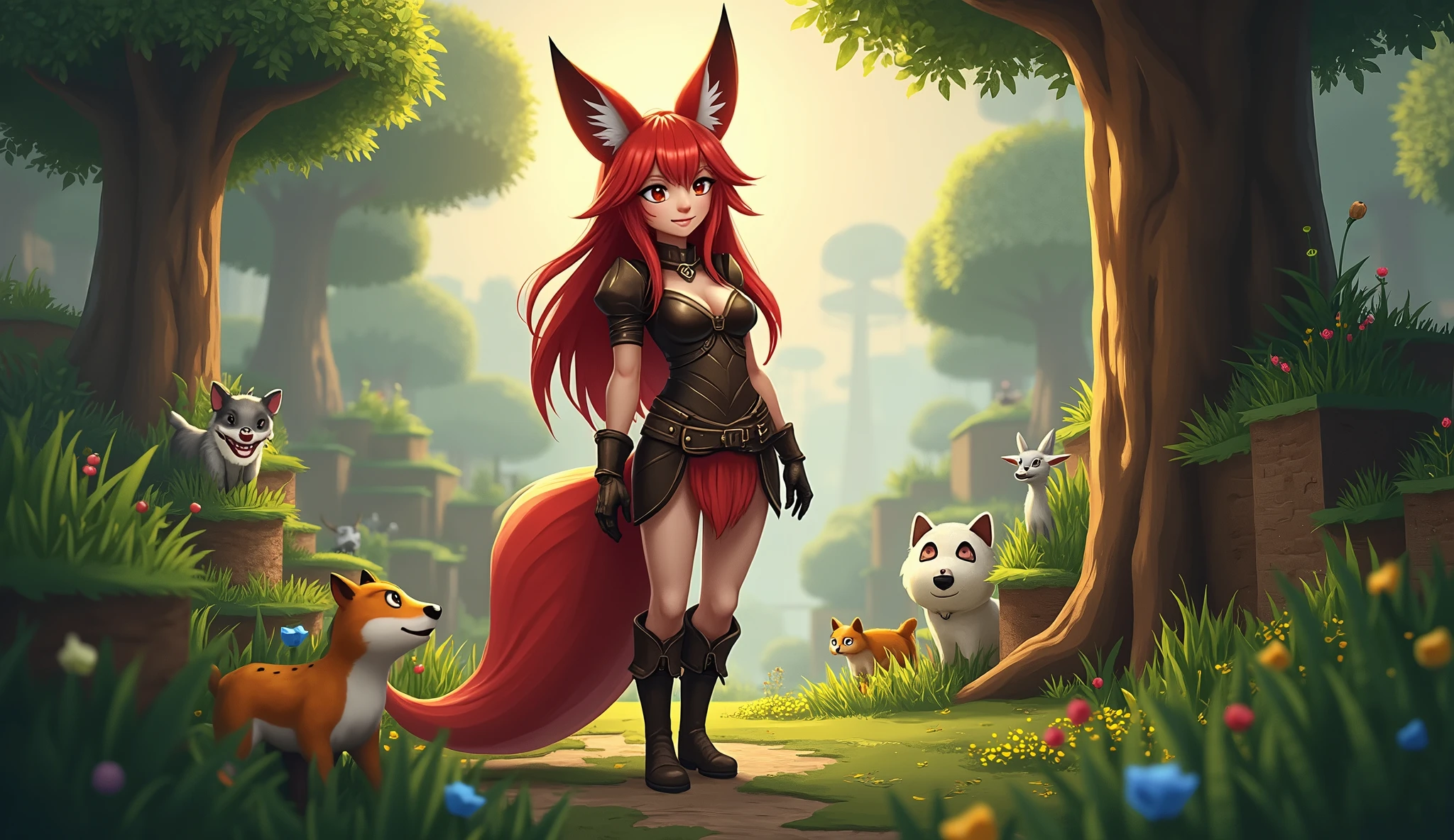 score_9, score_6_up, source_anime, [source_anthro], rating_safe, [rating_explicit],

full body portrait, girl body focus, front view, best quality, (wide shot), highly detailed face, perfect lighting,   

solo, fox girl, furry girl, red hair, long hair, happy face, (stand near tree), slit pupils, (a thoughtful expression on his face, wearing leather armor:1.3), 

(minecraft animals), minecraft detailed world background,
detailed background, detailed foreground, depth of field, ambient silhouette, backlighting