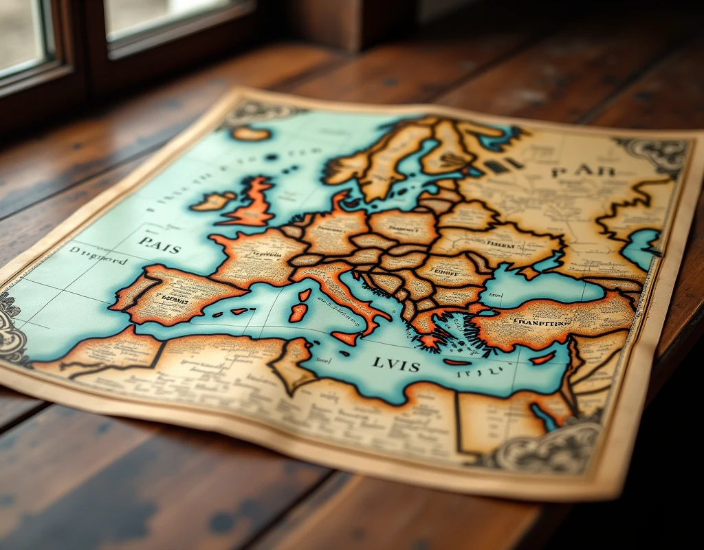 A detailed and historical map of Europe from the early 19th century, with the cities of London, Paris, Vienna, Naples, and Frankfurt clearly marked. The map is laid out on a wooden table, with an antique style, featuring intricate borders and vintage cartography. Each city is highlighted, possibly with small symbols or markers to indicate their significance. The map shows surrounding geographical features and other nearby cities, but the focus remains on the marked locations. Soft, warm lighting casts shadows around the map, giving it an aged and authentic feel