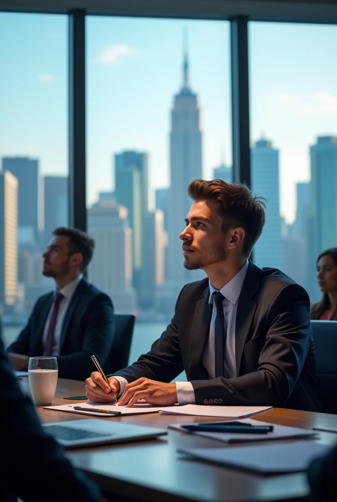 "A person, aged 20, attending a seminar on business growth, taking notes and looking inspired, with a city skyline in the background"