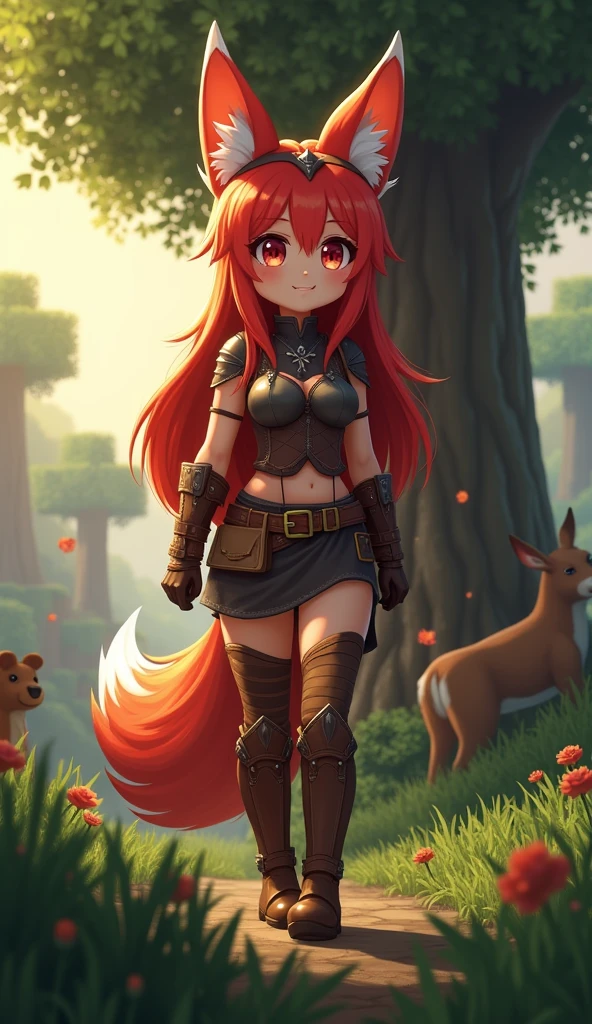 score_9, score_6_up, source_anime, [source_anthro], rating_safe, [rating_explicit],

full body portrait, girl body focus, front view, best quality, (wide shot), highly detailed face, perfect lighting,   

solo, fox girl, furry girl, red hair, long hair, happy face, (stand near tree), slit pupils, (a thoughtful expression on his face, wearing leather armor:1.3), 

(minecraft animals), minecraft detailed world background,
detailed background, detailed foreground, depth of field, ambient silhouette, backlighting
