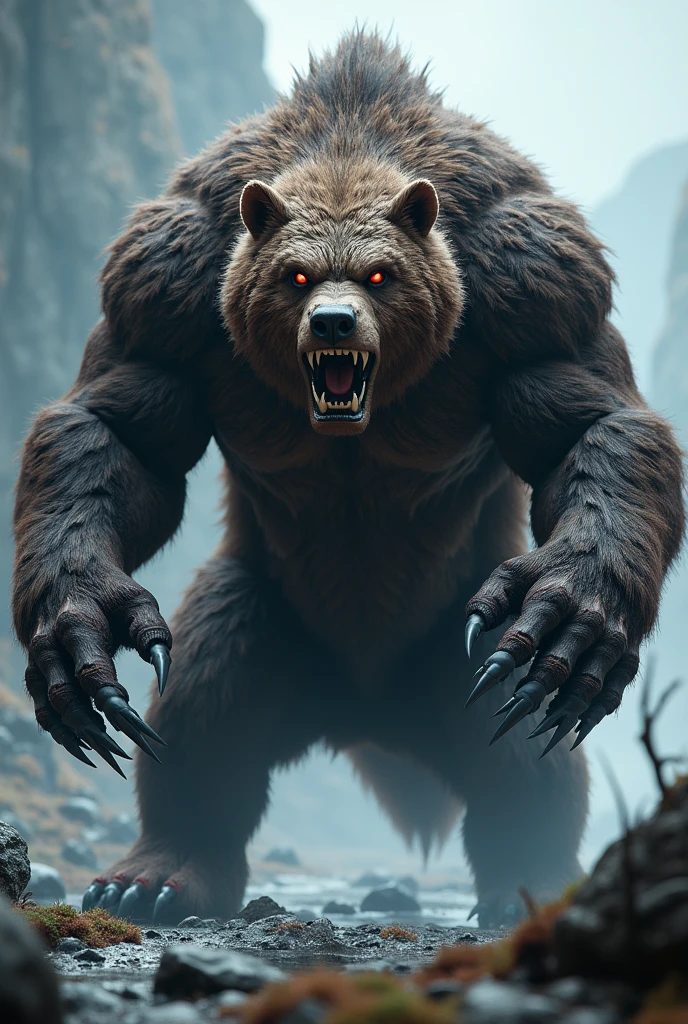 Close urso viking, with bright red eyes, open claws , hairs standing on end and muscles tense, attacking with his claw. 