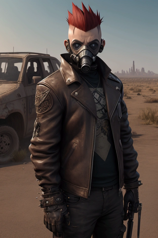 A VTuber character wearing a tattered leather jacket.、A small mutant rat sits on his shoulder.。His hair was a spiked red mohawk.、A scene where he is wearing a gas mask on his face。In the background are the remains of a rusty car.、The desolate horizon stretches out。The character is holding a weapon、Survival-inspired design。