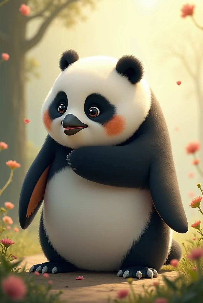 Penguin hugging panda from behind