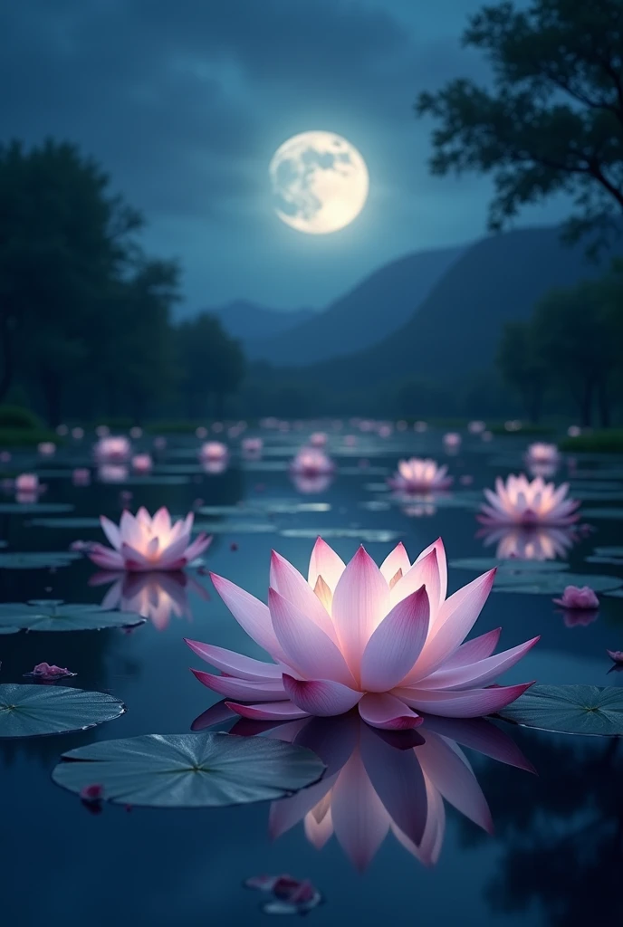 Night Pond Lotus flowers in the pond White and pink flowers Full moon Beautiful details Lights Long-distance shot Mysterious