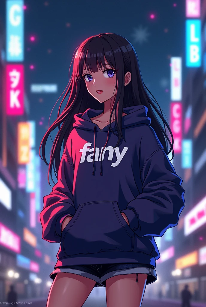 Create a character anime, {background: capital text “GLBK”, night city}, tanned skin,
realistic, HDR, beautiful, japan style, full body, use piastol, age 20, hoodie HD text: “FANY”, female, long hair