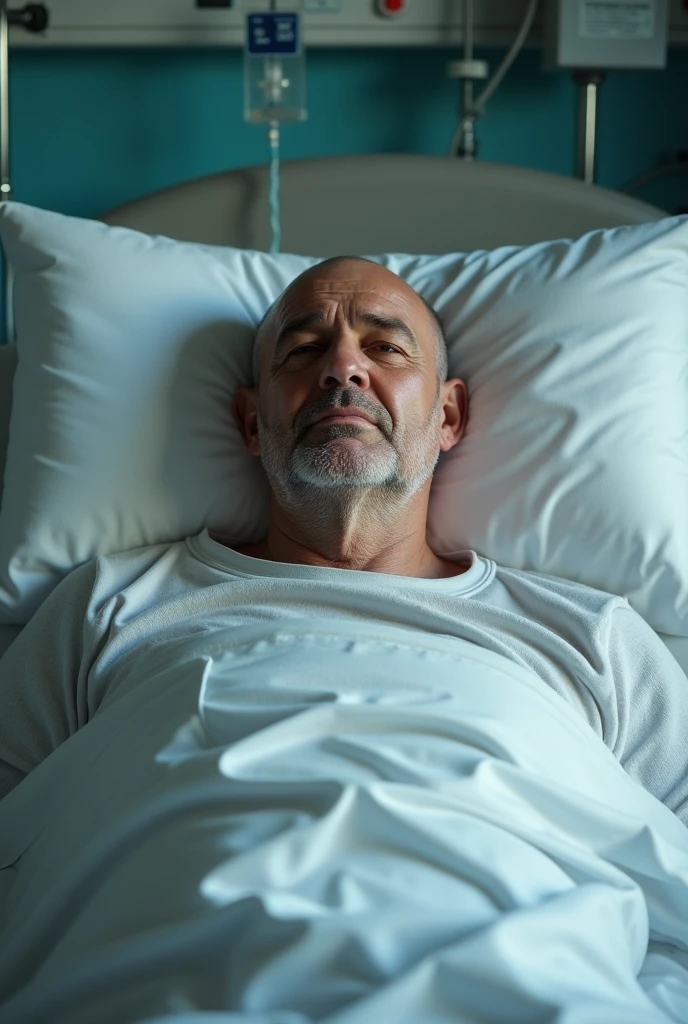 Man 50 years old shaved hair in hospital bed
