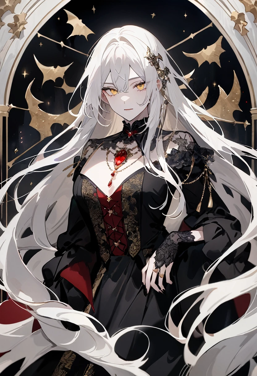 (work of art, Maximum quality, best qualityer, offcial art, beautiful and aesthetic:1.2) A vampire, white skinned vampire, gold eyes, Long white hair, black clothing, long hair