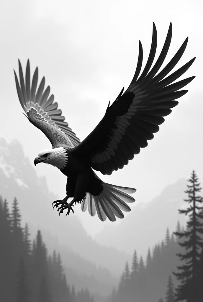 An eagle flying in black and white