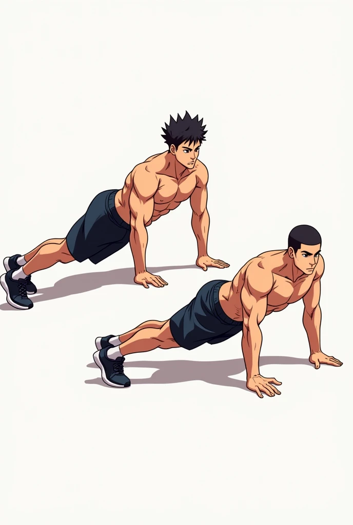 Make a thumbnail for my Instagram reel in which two male  anime  separately one doing pushups and one doing dips