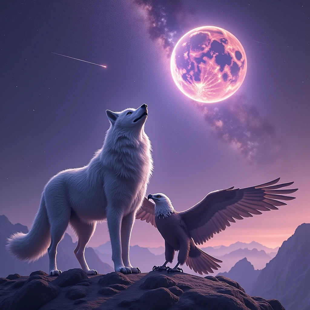 Wolf and Eagle under the milky way and have a Giant Planet Mercury at sky purple theme