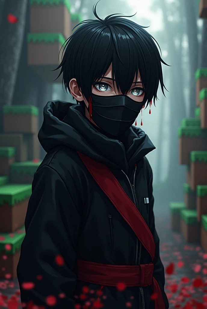 A boy wearing black jakat,full face mask, white eyes, red tai,mincraft theme, anime some blood fall on face and head, black heir looking deadly,