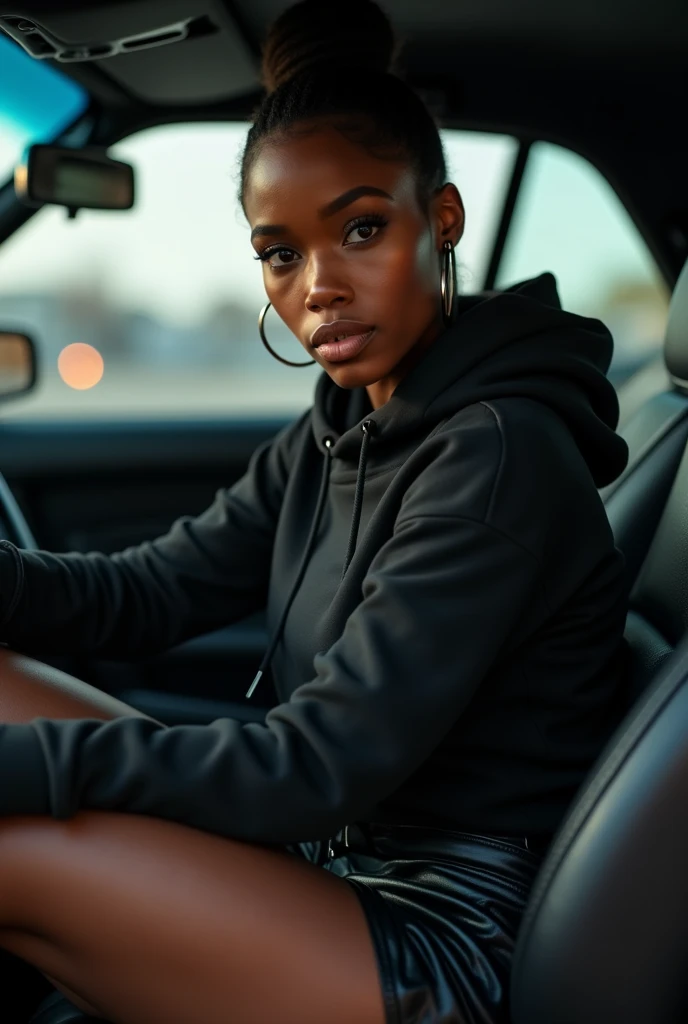 Black woman wearing leather short shorts up in crack black hoodie hair in a bun setting in car seat