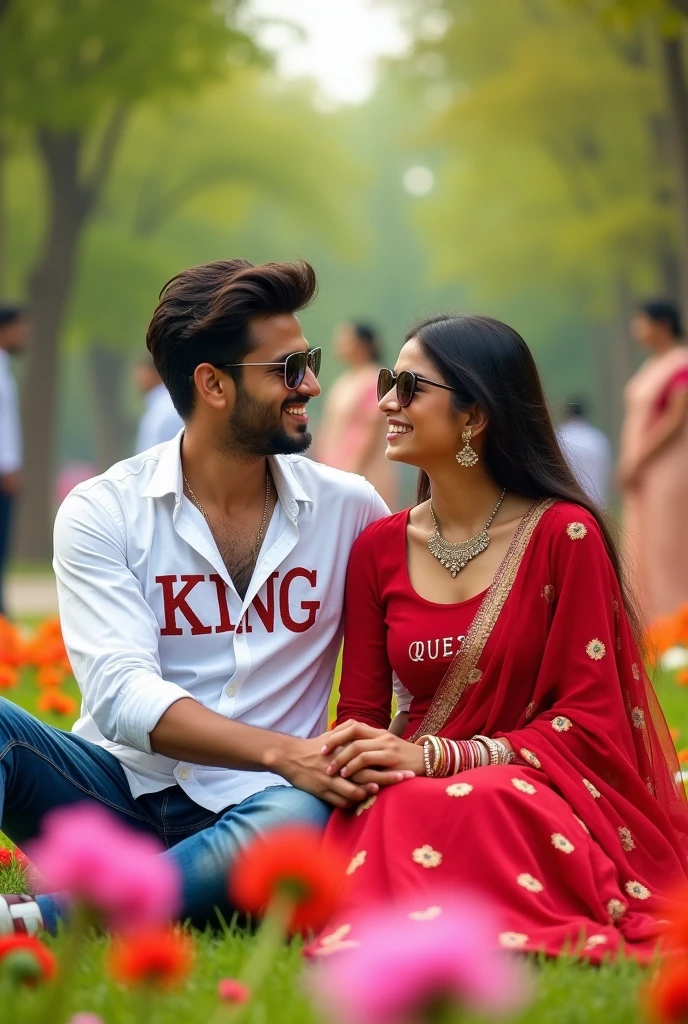 1 couple sitting in beautiful park ground with stylish pose And Making heart with your hands, eyes to eyes contact each other. boy wearing white shirt with name “King” write on shirt girl wearing Red kurti, with name “Queen” write on shirt with white shoes. thry are looking so Pretty, cute, indian, smiling, necklace, happy, sunglasses. Beautiful flowers in back, some couple’s sitting in back. High quality 4k pictures, full Blaring background.