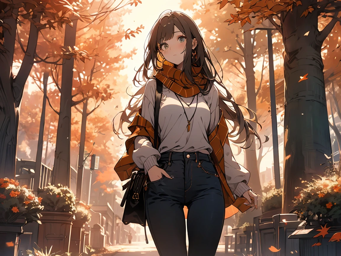 ((best quality)), ((masterpiece)), (detailed), perfect detailed eyes, perfect detailed face, A young woman dressed in a cozy, autumn-inspired casual outfit. She wears a soft, oversized knitted sweater in warm, earthy tones like burnt orange or mustard yellow. Her sweater is paired with high-waisted, slim-fit jeans in a deep indigo or dark green color, slightly rolled up at the ankles. On her feet, she wears ankle boots made of brown suede with a low heel, adding a rustic touch to the ensemble. Around her neck, she has a plaid scarf in shades of red, orange, and brown, loosely draped. The woman also carries a crossbody bag made of leather in a deep, warm hue, like burgundy or chestnut. Her hair is styled in loose waves, and she has minimal makeup with a natural look, featuring soft, earthy tones. The background suggests an autumn setting, with fallen leaves in various shades of orange, red, and yellow, and a soft, warm light filtering through the trees.