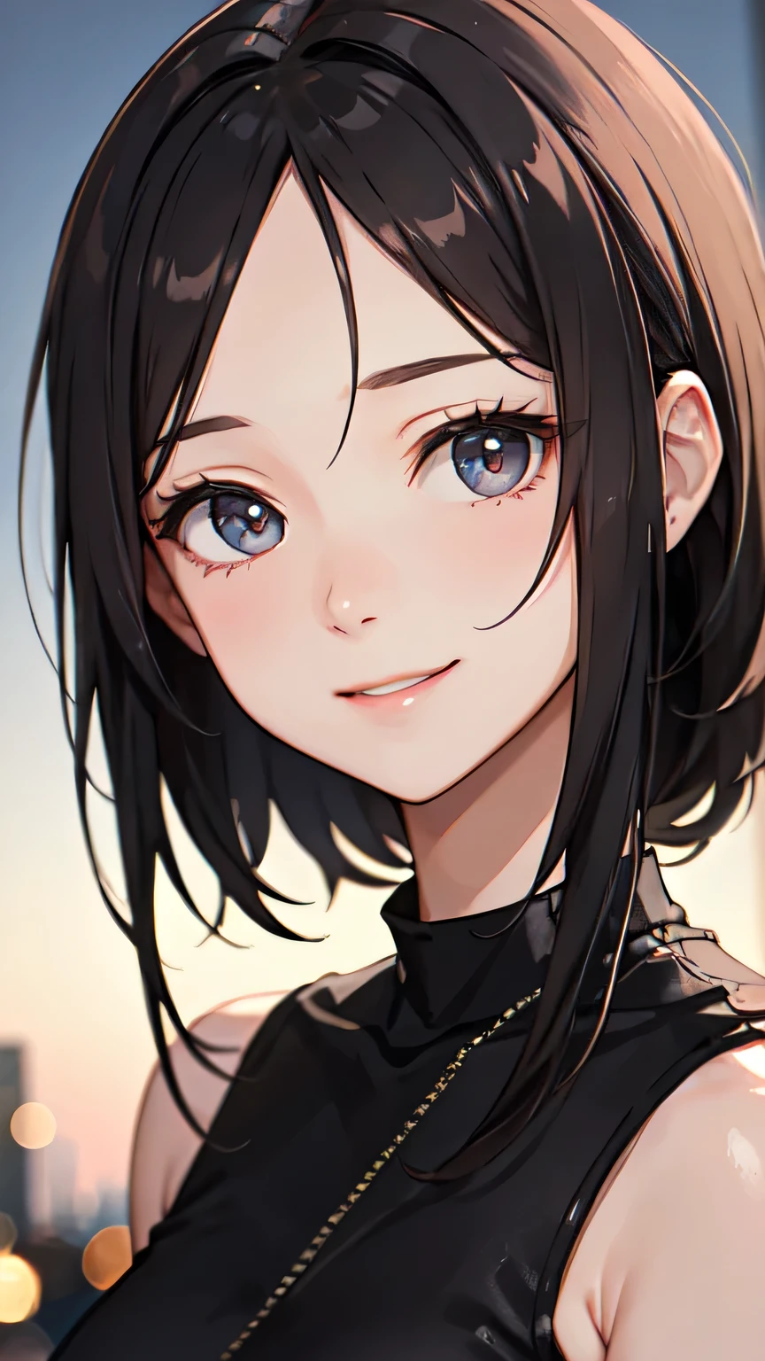 ((Highest quality)), ((masterpiece)), (detailed), One beautiful girl,Almond Eye,The city lights come on one by one,Your smile warms my heart,Busy days々I found it in,This time is a treasure,Close up of face
