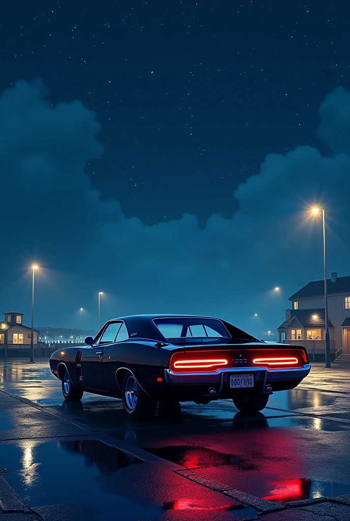 Prompt**: A meticulously drawn animation-style image set in a nighttime harbor. The scene features a vivid night view with a calm sea and a beautiful starry sky above filled with numerous twinkling stars. The wet road surface, reflecting light after the rain, adds to the ambiance. In the pier's parking lot, an 1970s Dutch Charger RT with a shiny black body is quietly parked, its taillights glowing softly. The car is rendered with intricate detail, and the entire composition is in high-quality 8K.