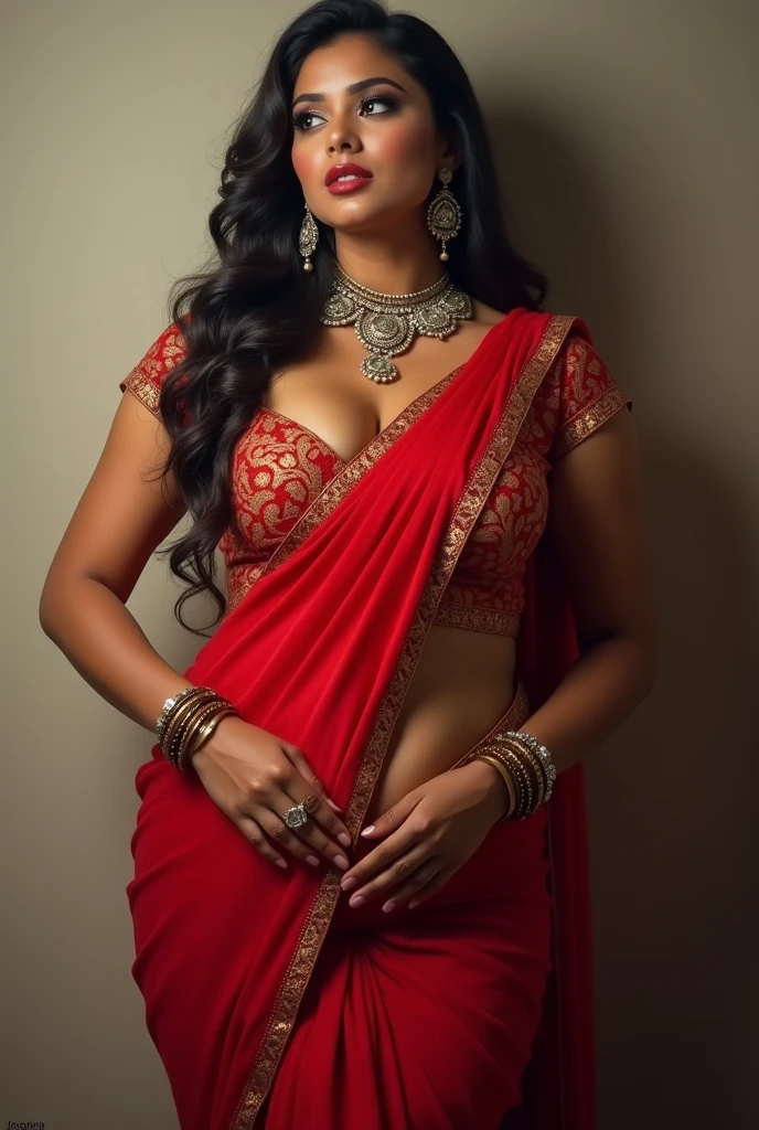 Indian sexy married curvy woman with big boobs wearing red hot saree showing her cleavage and navel