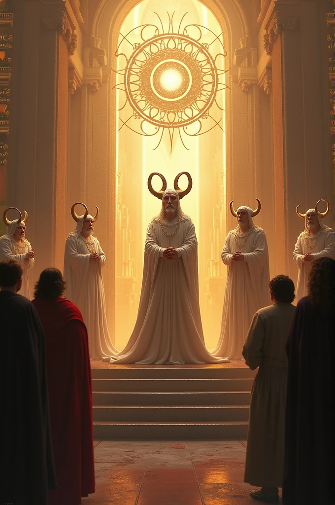 A Lamb standing in the midst of the throne, surrounded by the four living beings and the leaders. It seemed as if the Lamb had been offered in sacrifice. He had seven horns and seven eyes, which are the seven spirits of God that were sent into the whole world. 