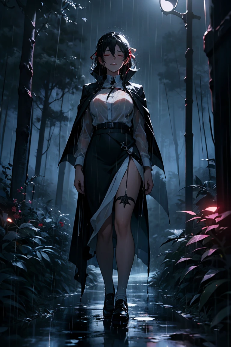 uhd, 4k, textured skin, High details, ​High Details face, masterpiece, best quality, (Amazingly absurd:1.2), (​masterpiece:1.2), 1 vampiregirl, crying, vampire cape, Long dress, standing, dynamische pose:1.5, half-closed eyes, glowing red eyes, very long black hair, shiny hair , fullbody, two colored hair, hair ribbon, black knee socks, Kawaiitech, soft colours, Kawaii, Beautiful colors, (Rain:1.5), (Night:2), (forest:1.5),