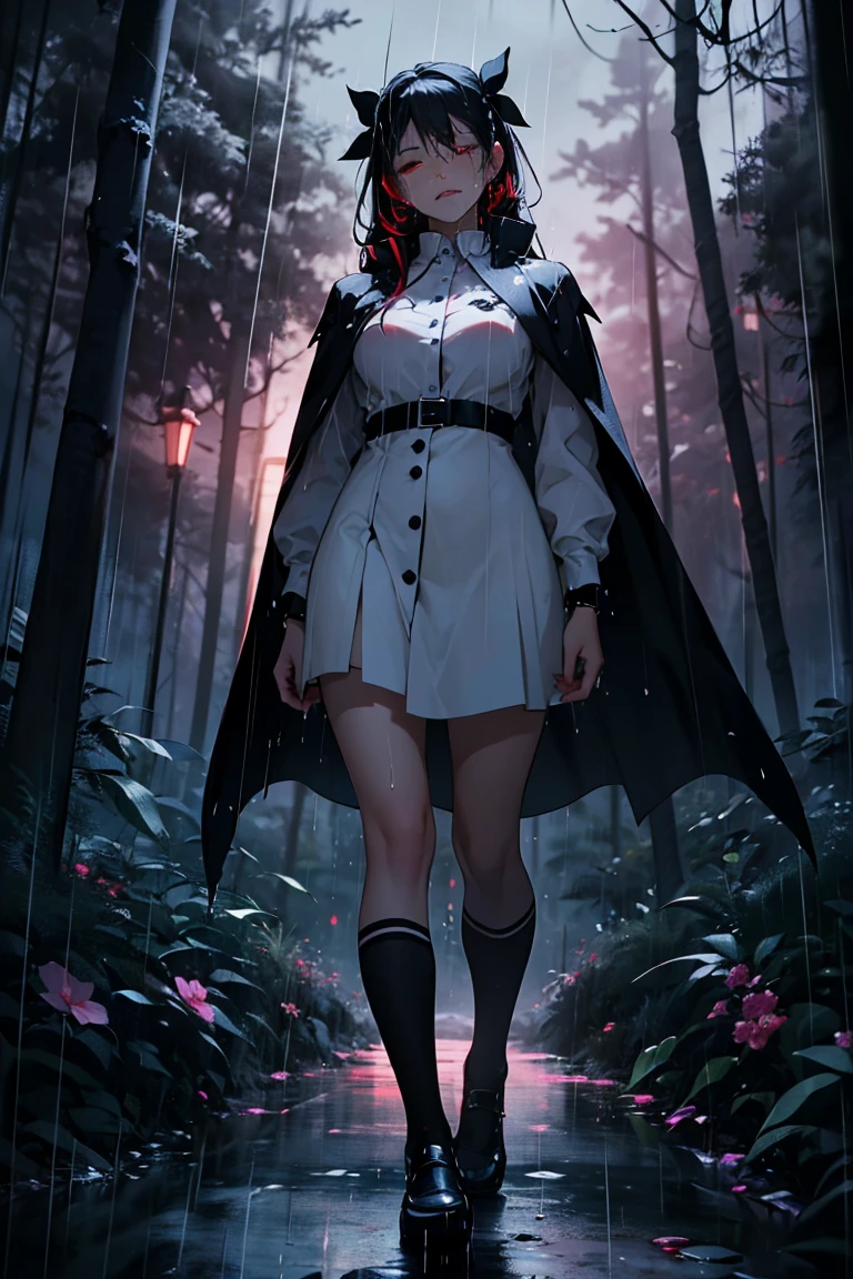 uhd, 4k, textured skin, High details, ​High Details face, masterpiece, best quality, (Amazingly absurd:1.2), (​masterpiece:1.2), 1 vampiregirl, crying, vampire cape, Long dress, standing, dynamische pose:1.5, half-closed eyes, glowing red eyes, very long black hair, shiny hair , fullbody, two colored hair, hair ribbon, black knee socks, Kawaiitech, soft colours, Kawaii, Beautiful colors, (Rain:1.5), (Night:2), (forest:1.5),