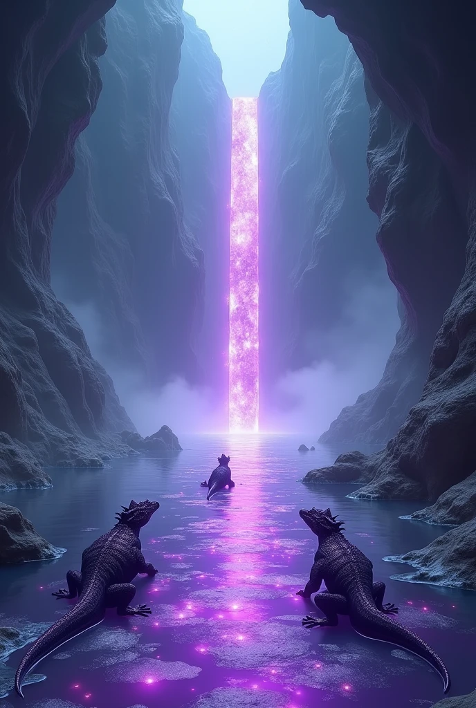 Inside a very large cave, in the center a path made of purple crystal, at the end of the path a purple crystal portal.  Crystal clear water on the ground.
Foggy cave full of reptilians walking towards the portal 