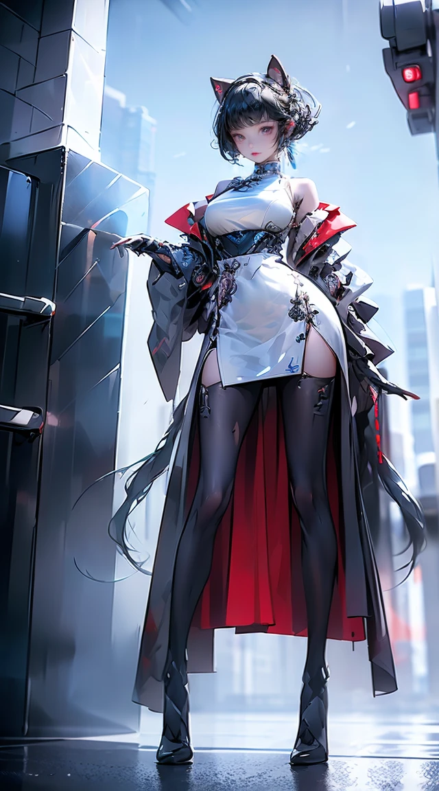 Best quality,masterpiece,The Ultimate Solution,Fluffy,Extremely colorful,rich and colorful, Girl, Chinese_clothing,Network Hanfu, (Chinese knot:1.2), Black high slit short cheongsam,Black over-the-knee stockings,Cat ear,Cyberpunk,Wearing black high heels,Cleavage incision,Huge silver-white hair,Full of mechanical and futuristic elements,Holding a pistol,