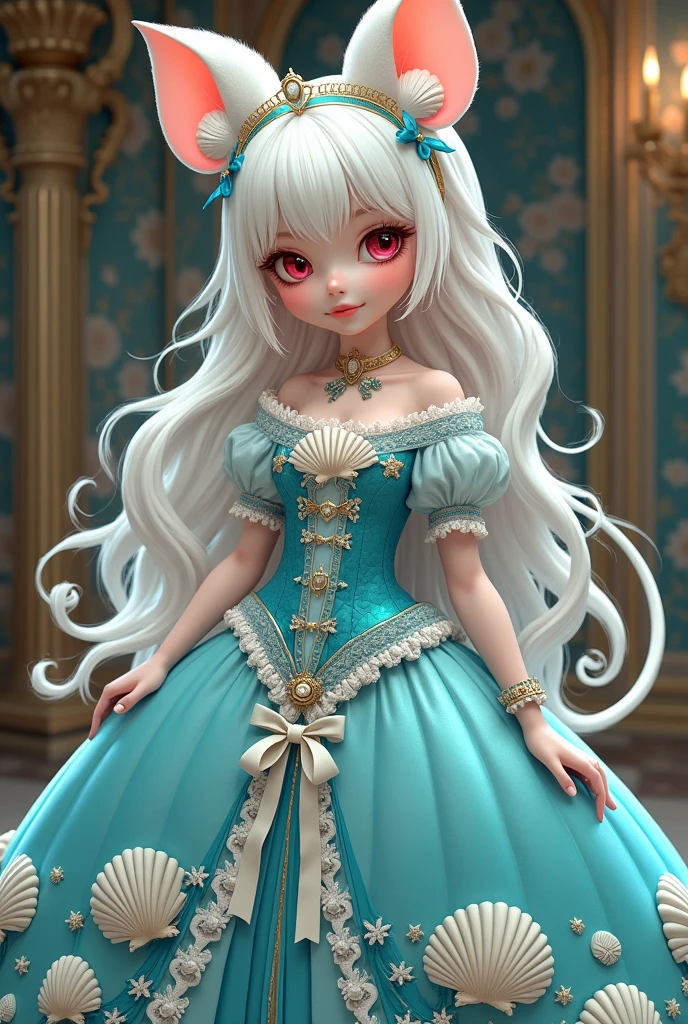 (best quality,4k,8k,highres,masterpiece:1.2), ultra-detailed, Pretty albino girl has a princess of the sea, drawn in 2D anime style, steampunk, wearing a iridescent turquoise princess gown with puffy sleeves, steampunk, gorgeous frilly dress design,flowing gown, elaborate lace details,rich textures,contrast stitching,delicate ribbon bows, seashells embroidery, full skirt with ocean wave pattern,short sleeves,fitted waistline,translucent flared sleeves,lace-up back,luxurious fabrics,flawless silhouette, long curly white hair and red eyes, white fur, smiling, mouse ears and tail, ribboned high heels, white elbow evening gloves, gold bracelets, tiara made of seashells, beautifully detailed lips with lipstick, long eyelashes, eyeshadow, seashell necklace, in a castle bedroom with intricate decoration and luxurious furniture, flower wallpaper, she is holding a magic staff made of seashells and pearls.